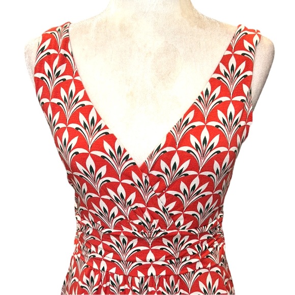 Boden Effie Red Orange Palm Print Faux Wrap Ruched Jersey Knit Dress - 6 - Picture 6 of 16